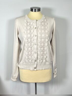 Cardigan Sweater Medium Beige Cream Lace Crochet Floral Knit
Grandmacore Premise